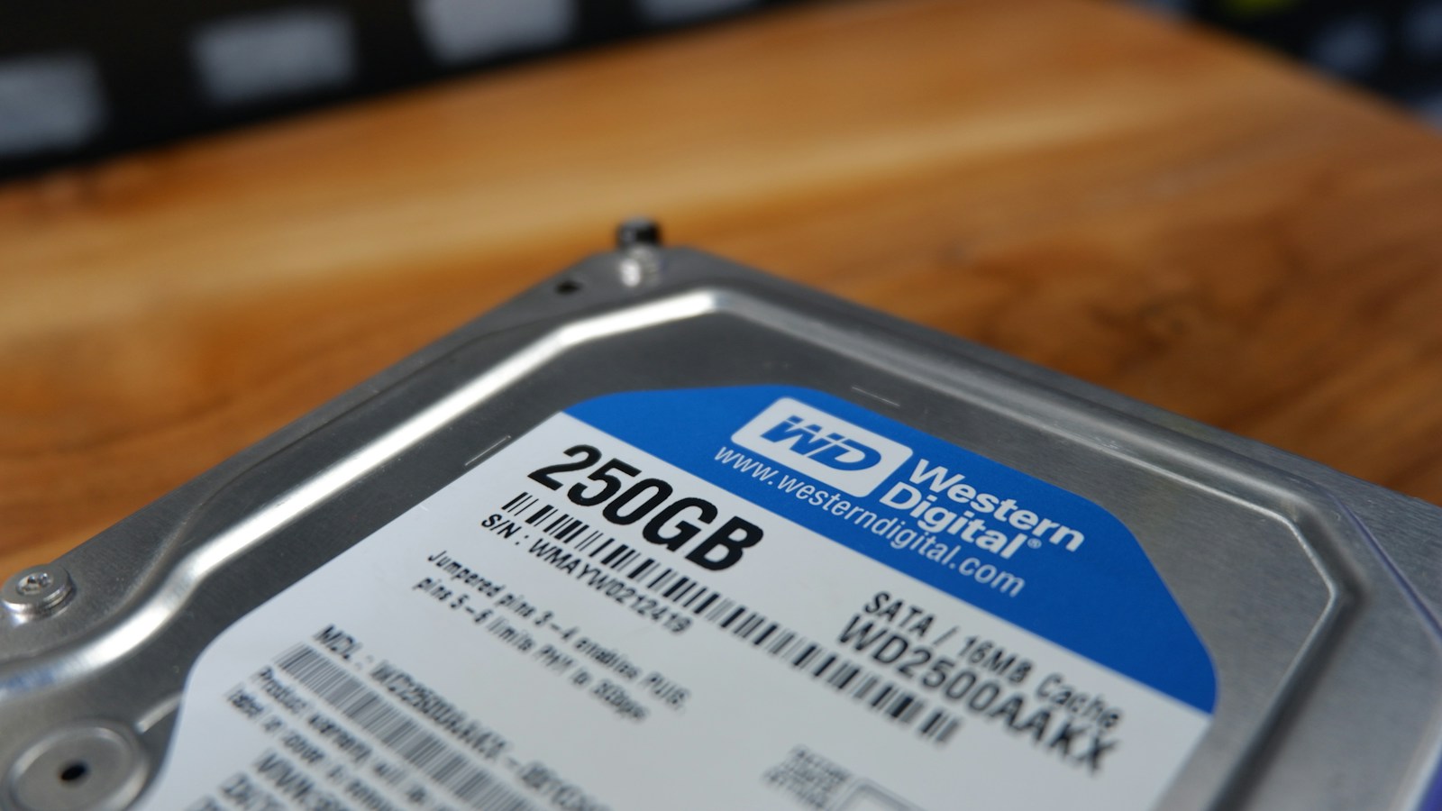 Close view of a Western Digital internal hard disk with a 250GB label