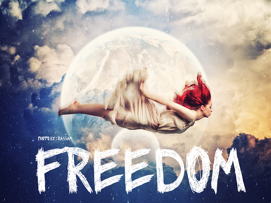 Fantasy artwork of a figure beneath a moonlit sky, with the word FREEDOM.