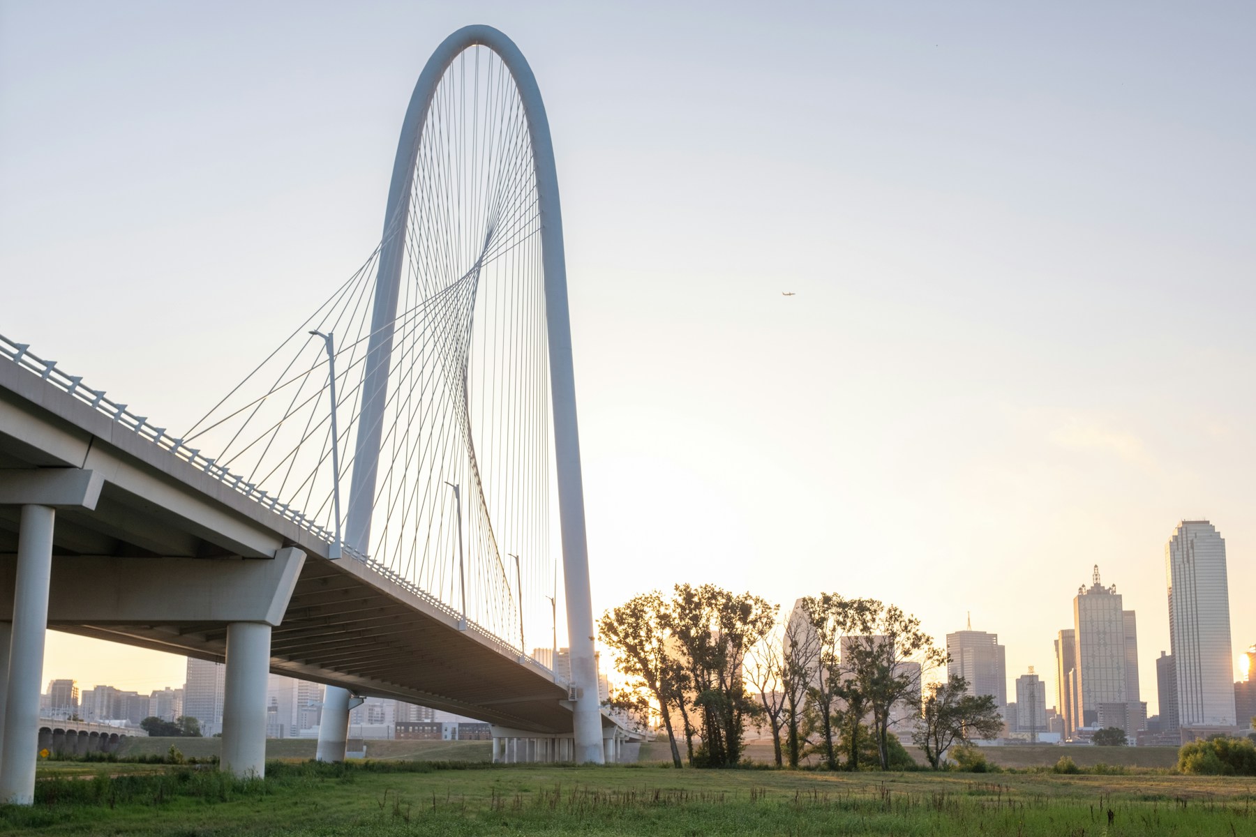 Margaret Hunt Hill Bridge and Dallas skyline at sunrise