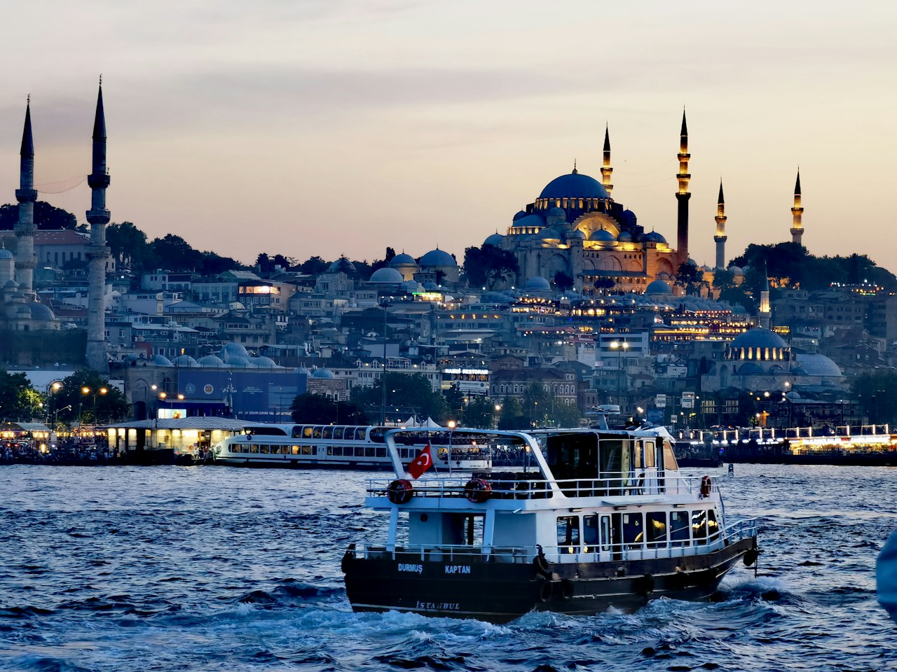 Ferry on the Bosphorus with the Istanbul skyline