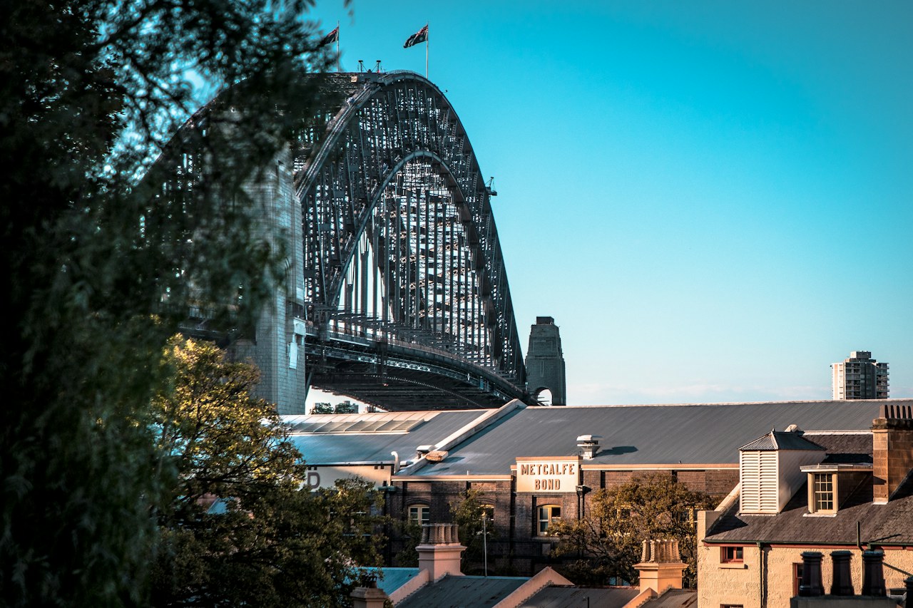 Harbour Bridge over rooftops in The Rocks, Sydney