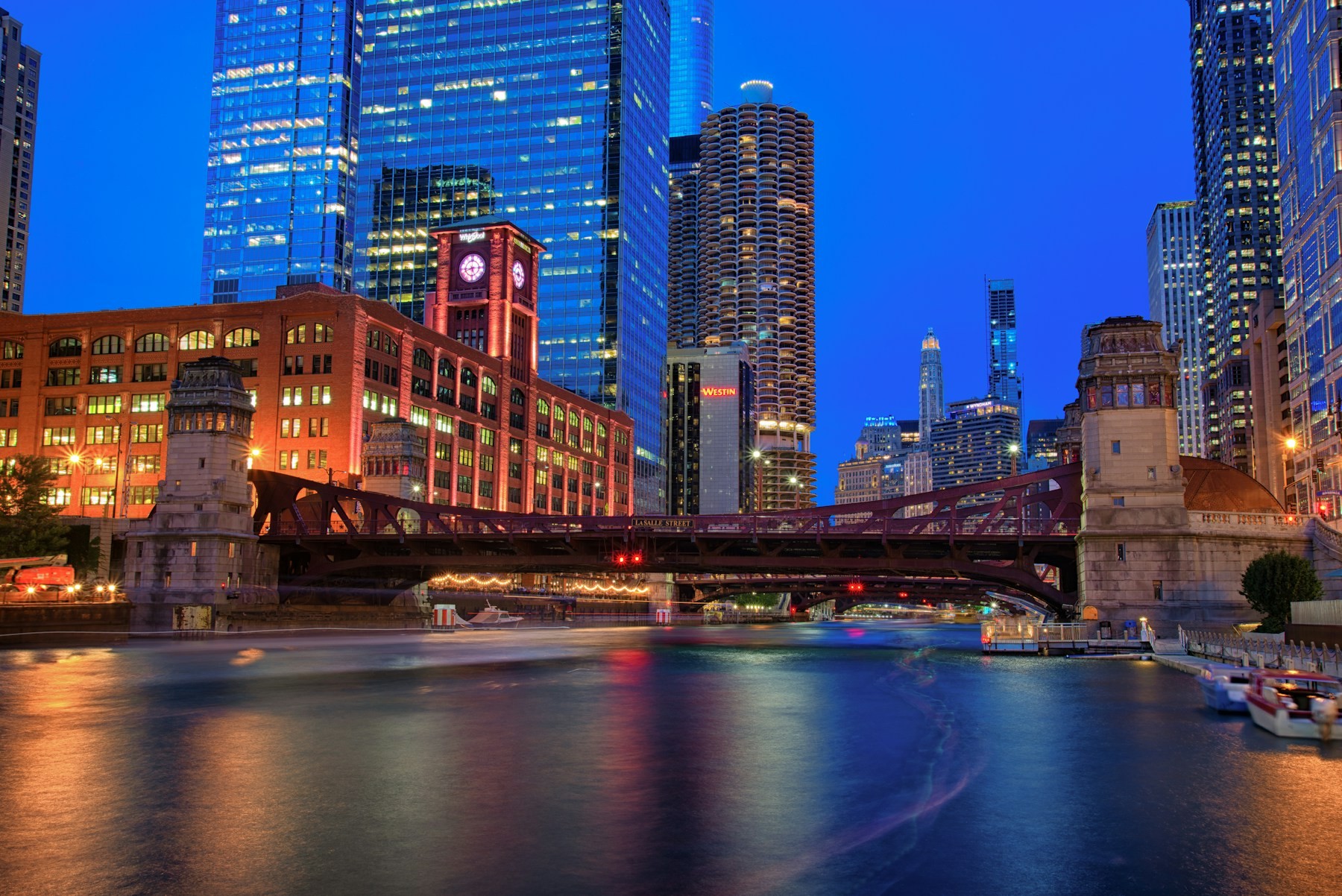 Chicago River bridges and Loop at blue hour