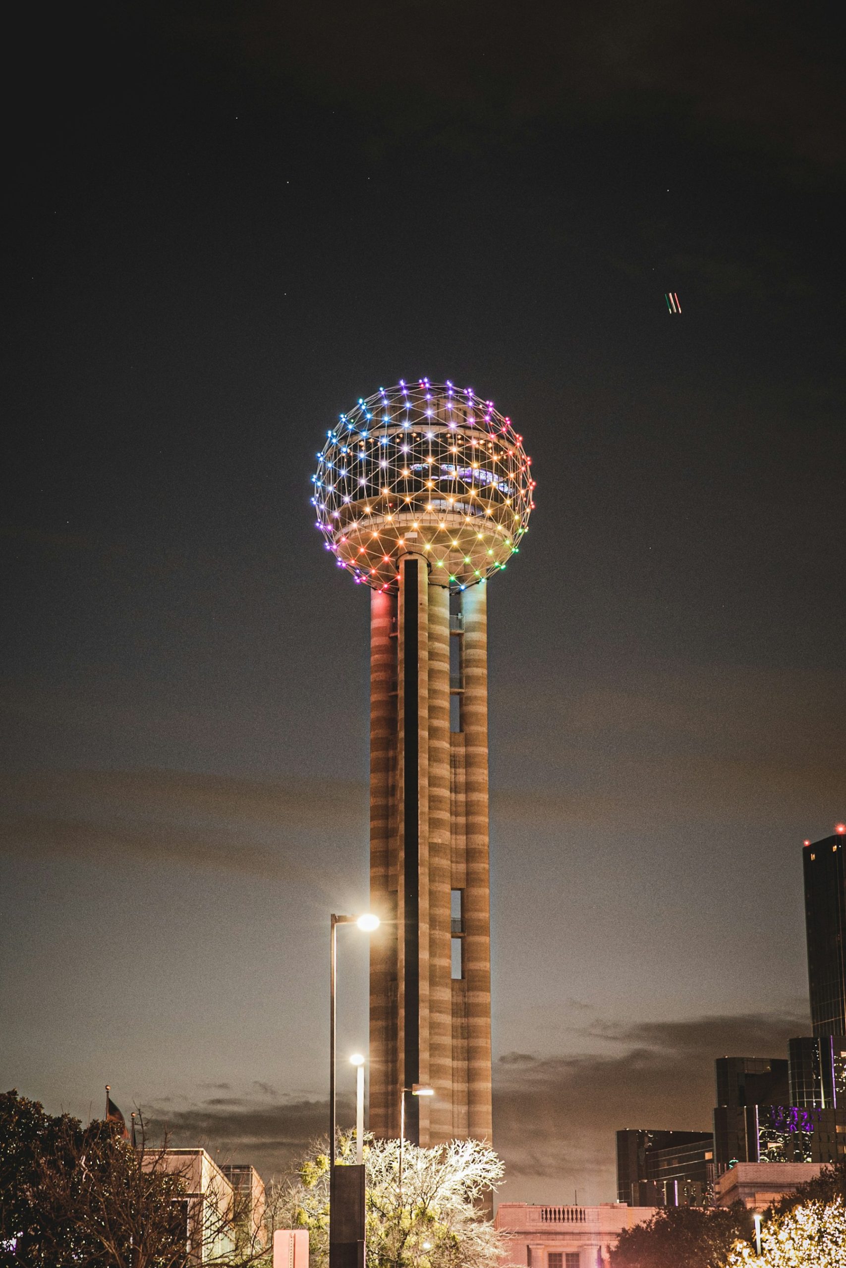 Illuminated Reunion Tower at night in Dallas