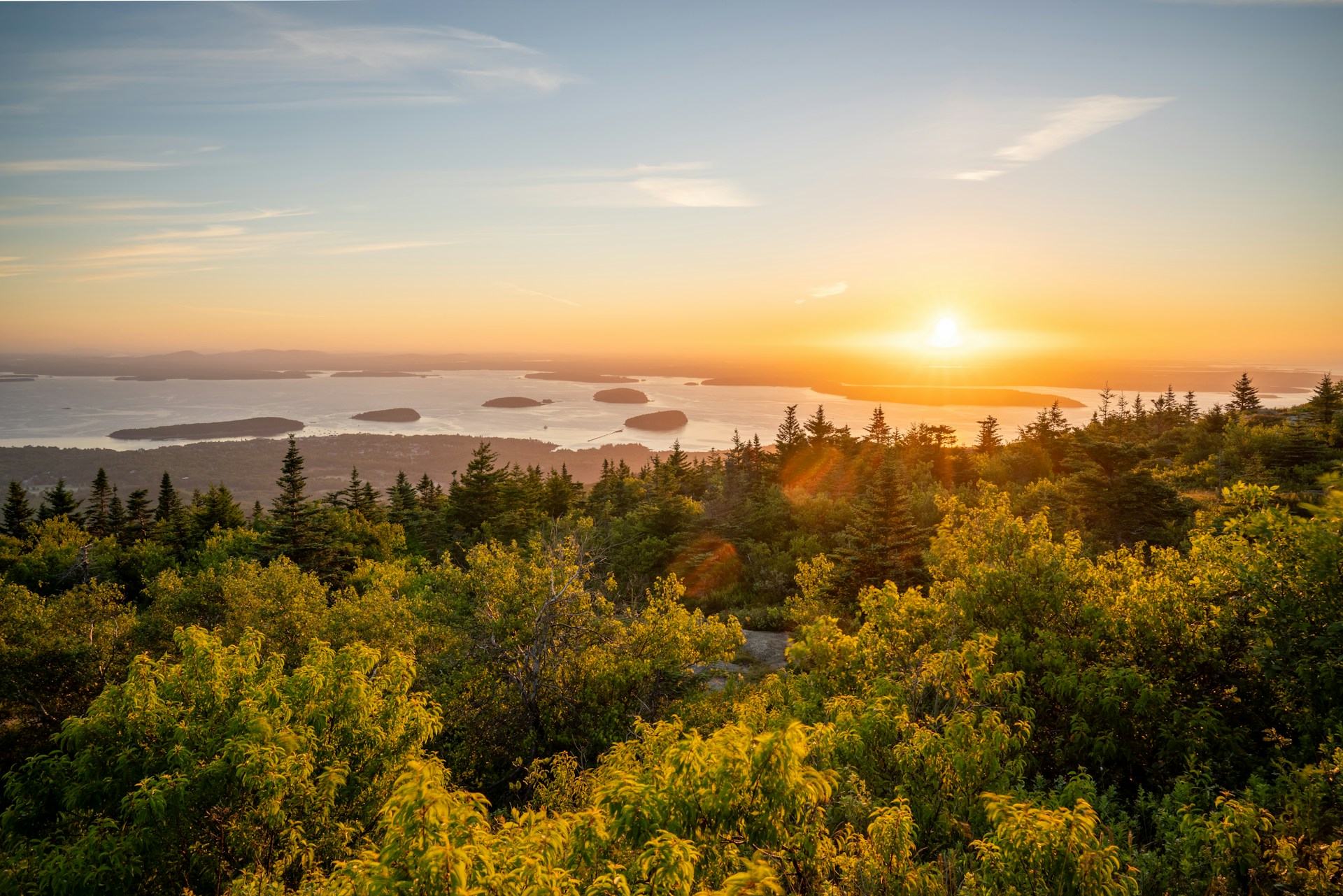 Sunrise over the Porcupine Islands from the Cadillac Mountain summit