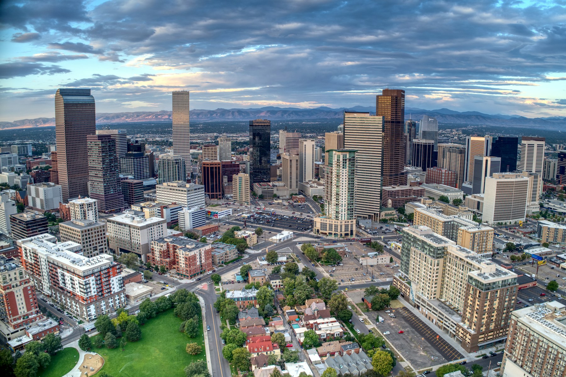 Downtown Denver and the Rocky Mountains at daybreak