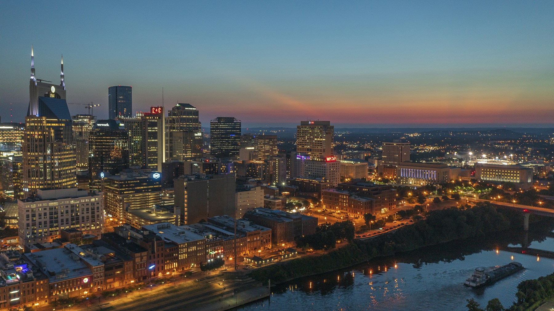 Nashville skyline and Cumberland River at sunset