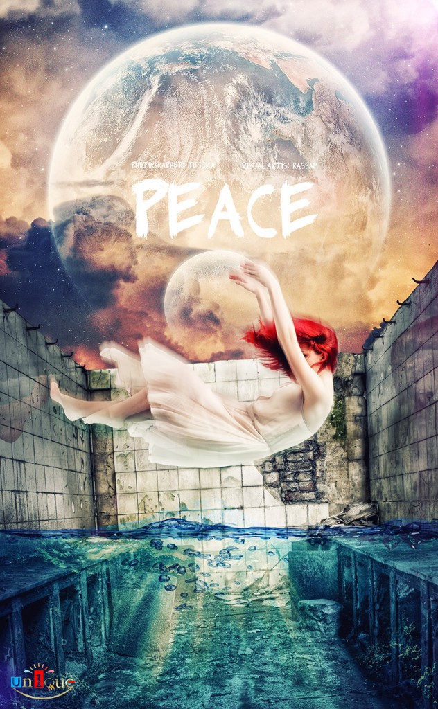 Fantasy artwork of a floating figure inside a glass sphere above water, with the word PEACE.