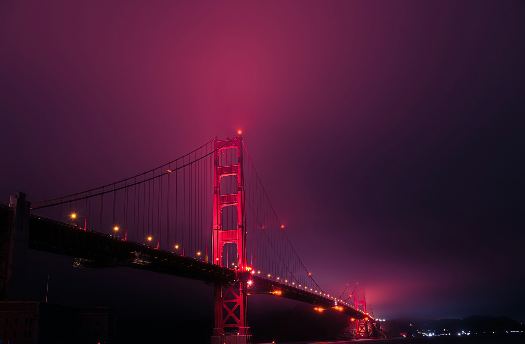 Golden Gate Bridge above Fort Point at night