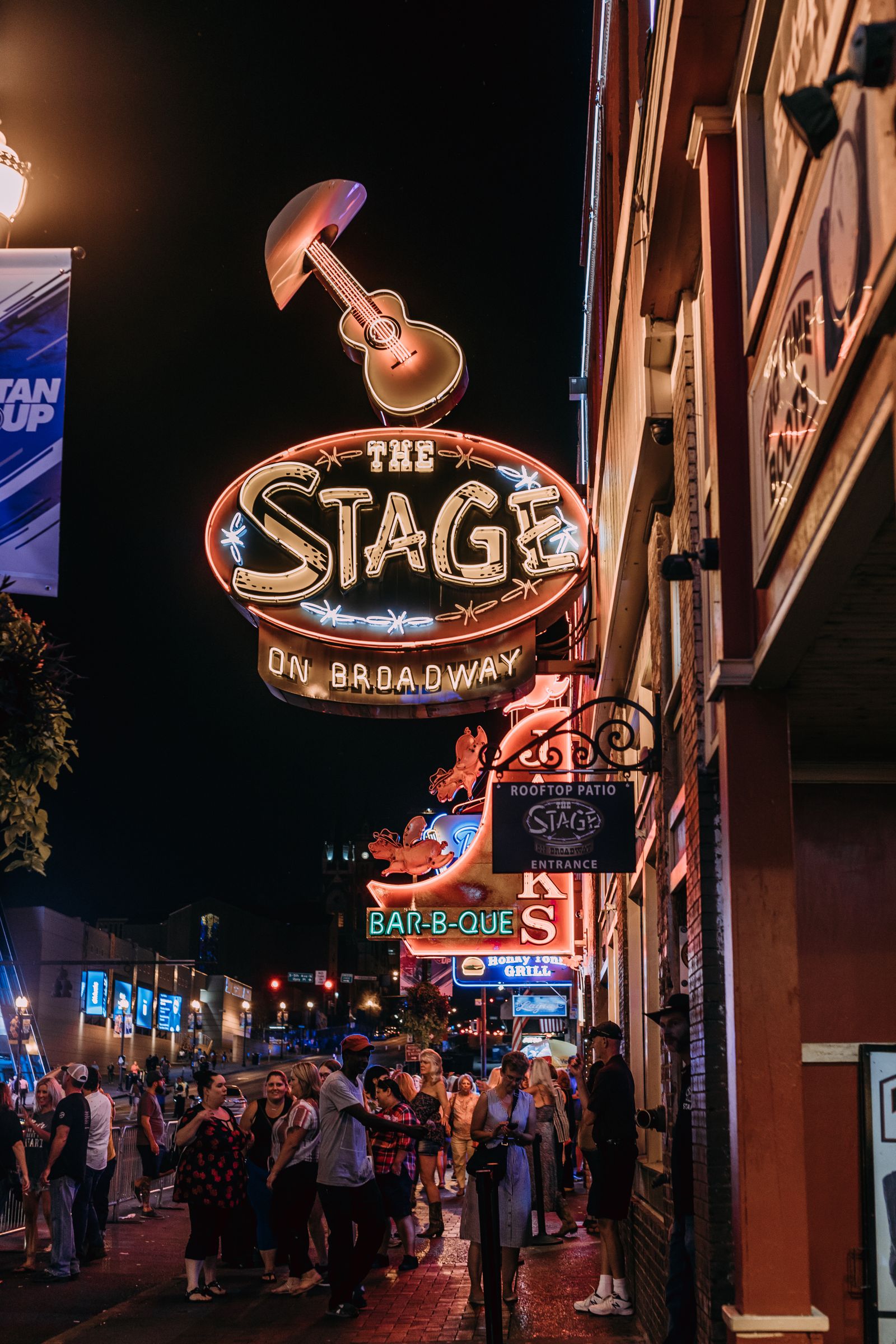 The Stage on Broadway neon sign and nightlife in Nashville