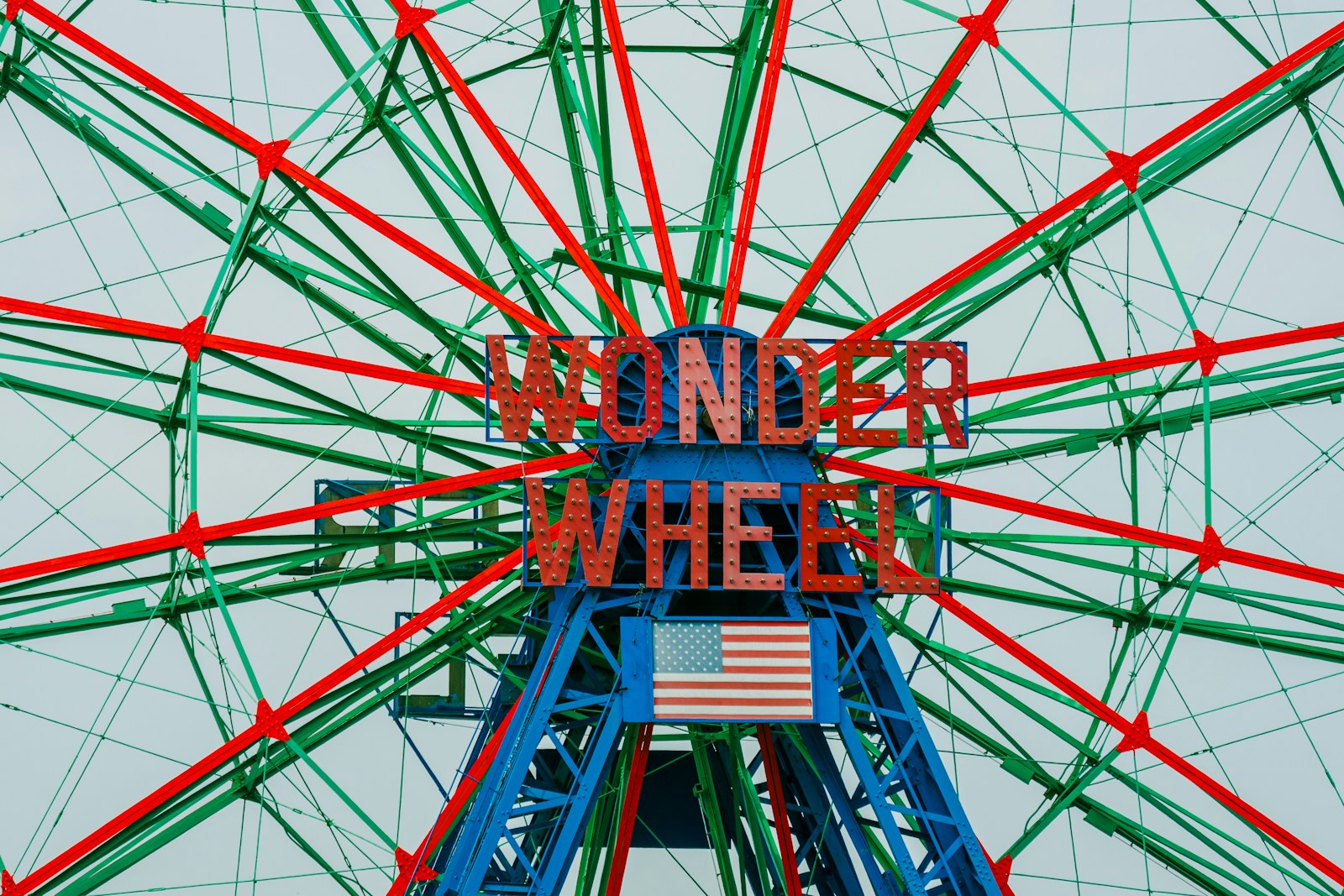 Close view of the red and green Coney Island Wonder Wheel