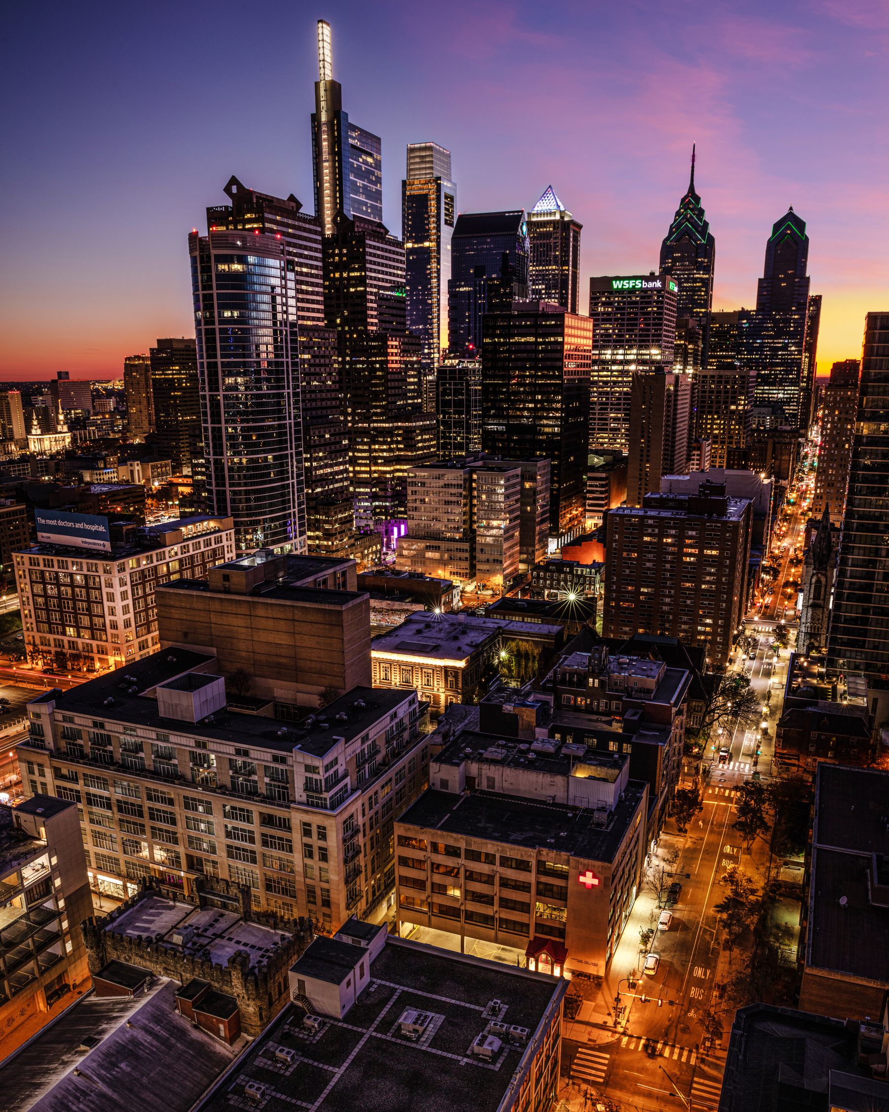 Center City Philadelphia illuminated at twilight