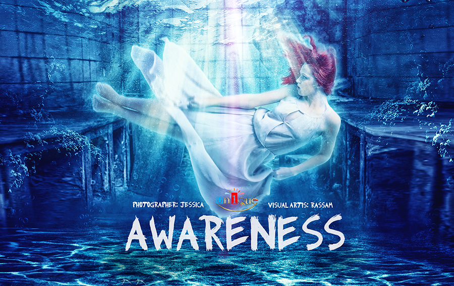 Blue fantasy artwork of a figure beneath a waterfall, with the word AWARENESS.