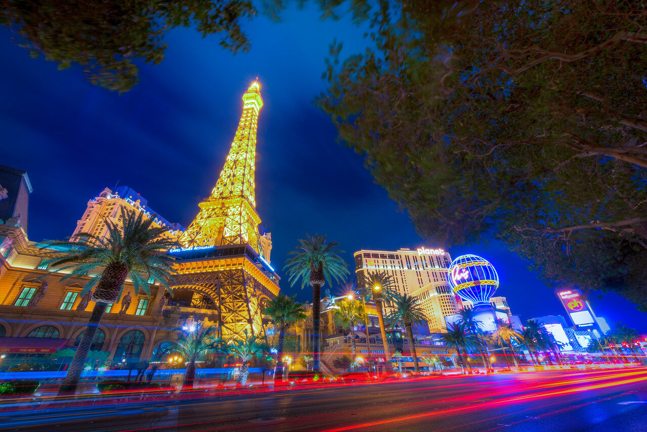 Paris Las Vegas Eiffel Tower and Strip traffic trails at blue hour