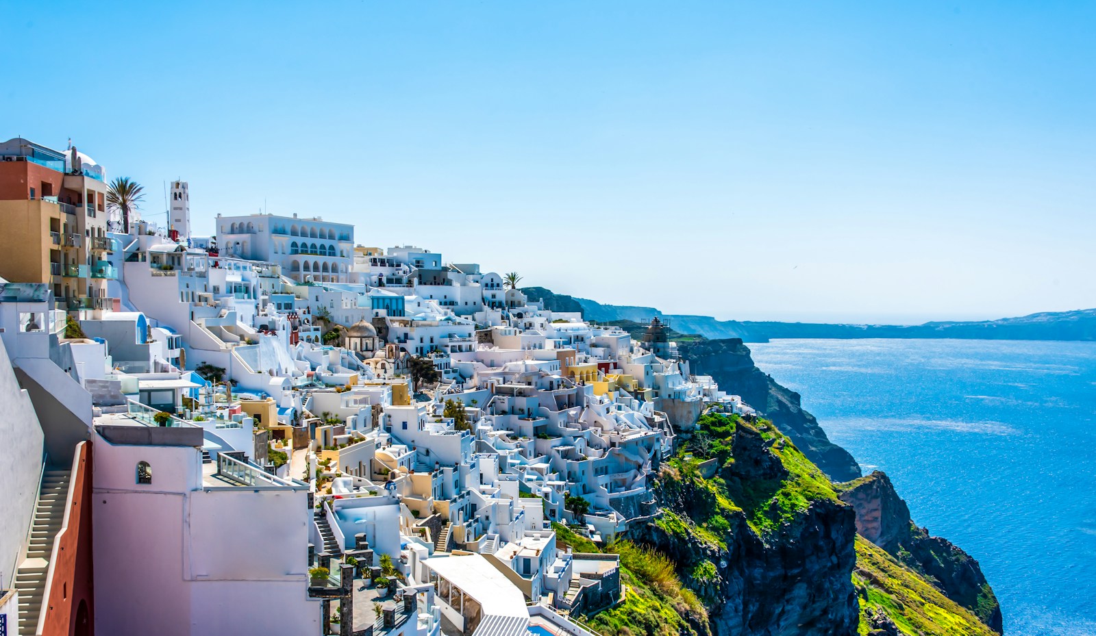 White buildings of Fira on the Santorini caldera above the Aegean Sea