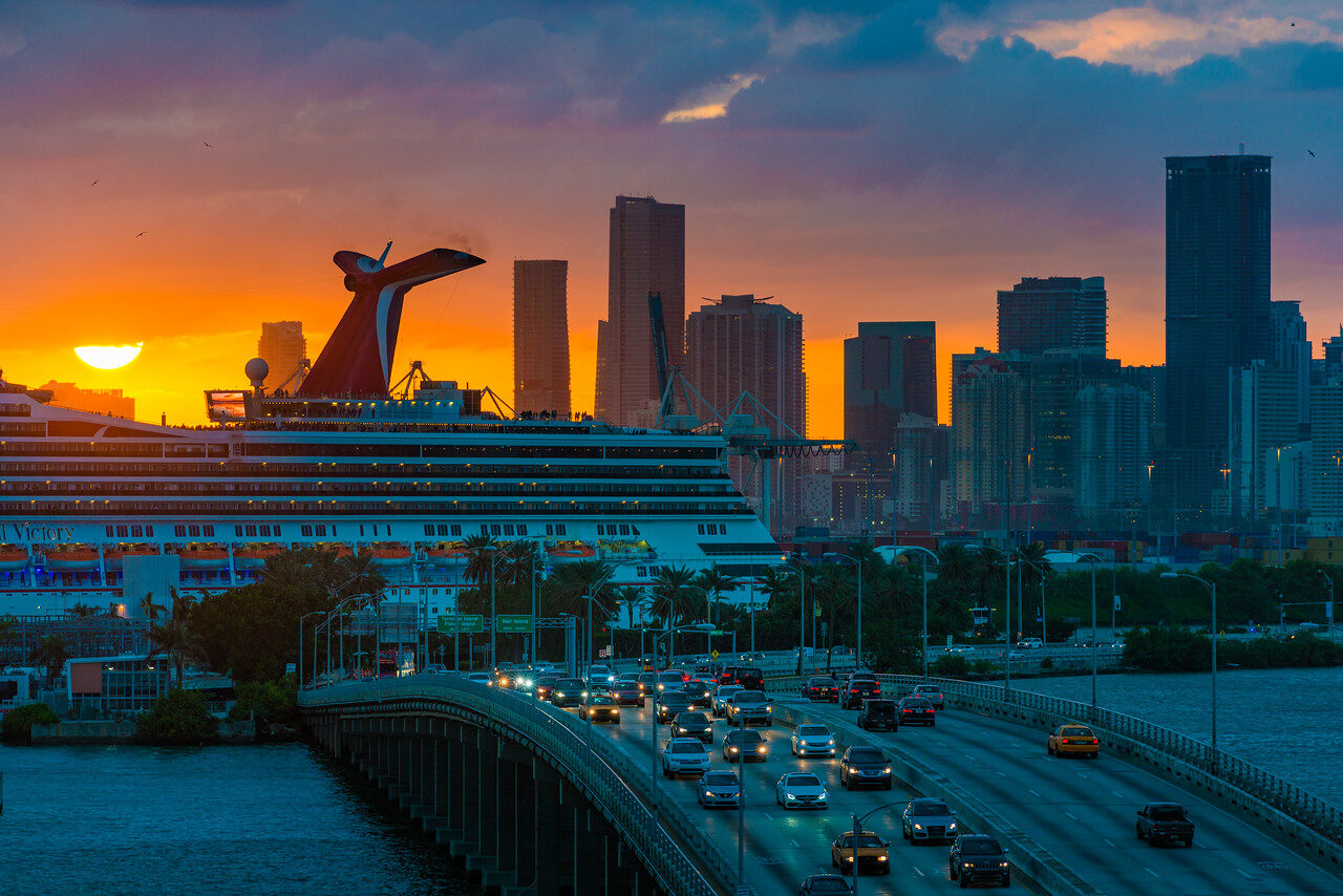 Port of Miami cruise ship and downtown skyline at sunset