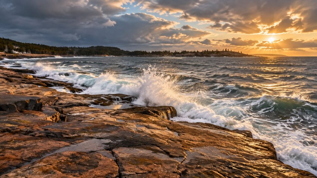 Golden-hour surf breaking over the pink granite at Schoodic Point