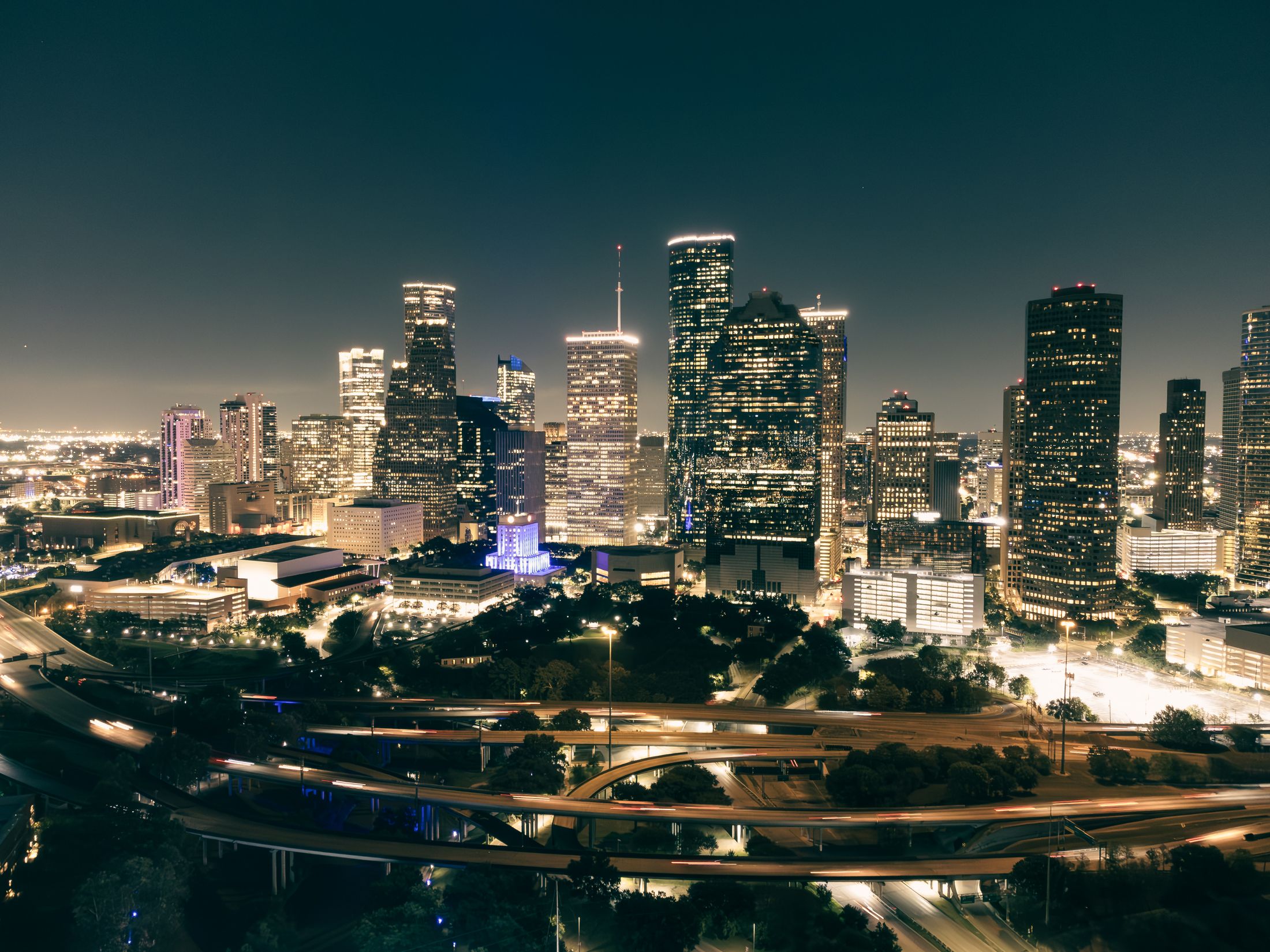 Houston skyline and freeway lights after dark