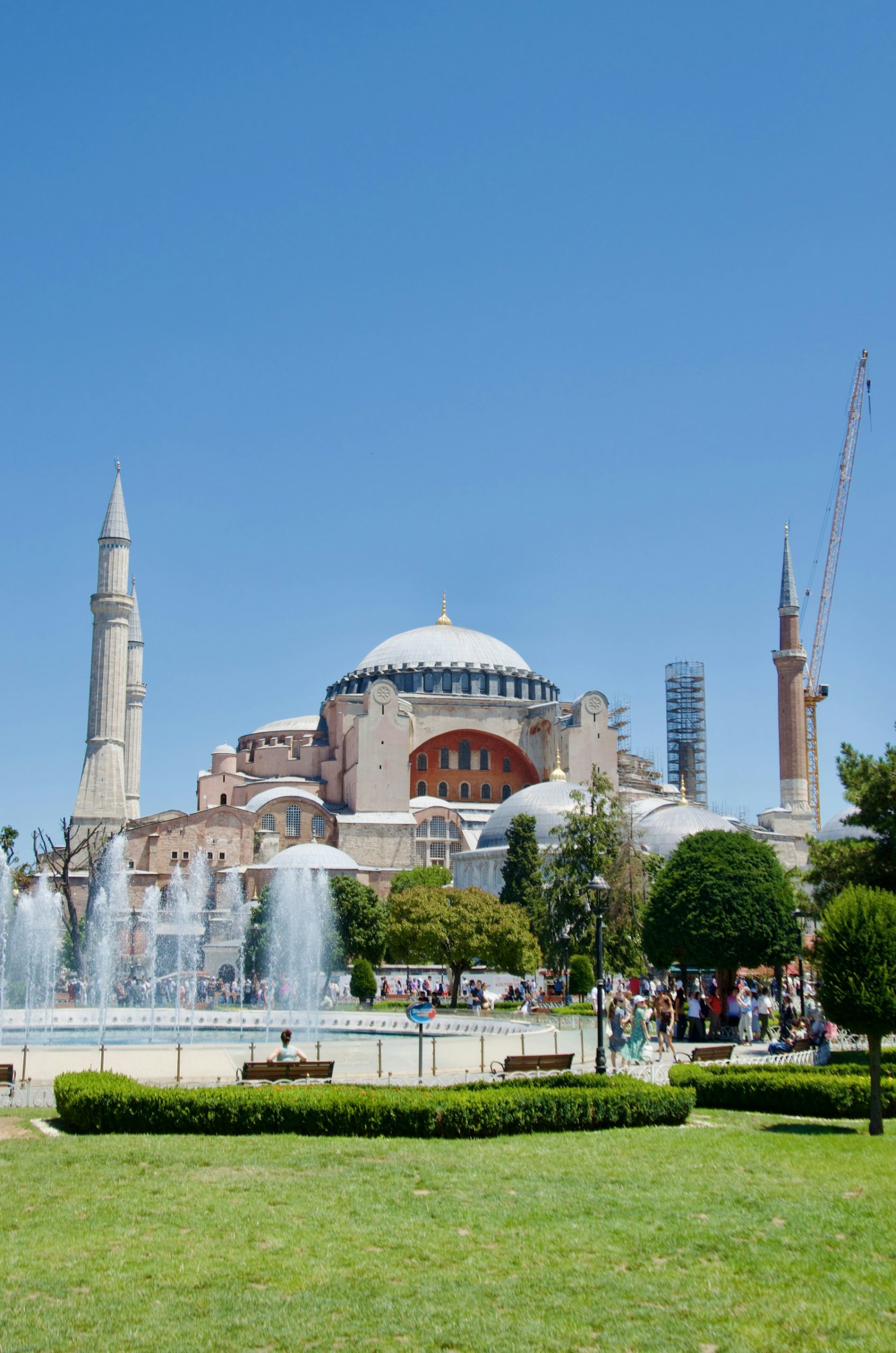 Hagia Sophia beyond fountain and gardens in Istanbul