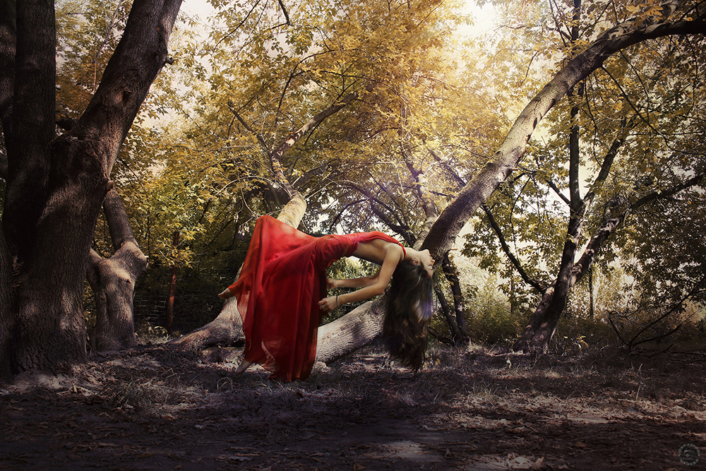 Person in a red cloak levitates above a seated person in a sunlit wooded scene.