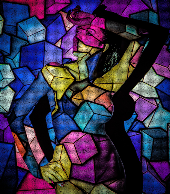 Nude figure posed against a background of blue and purple geometric shapes.