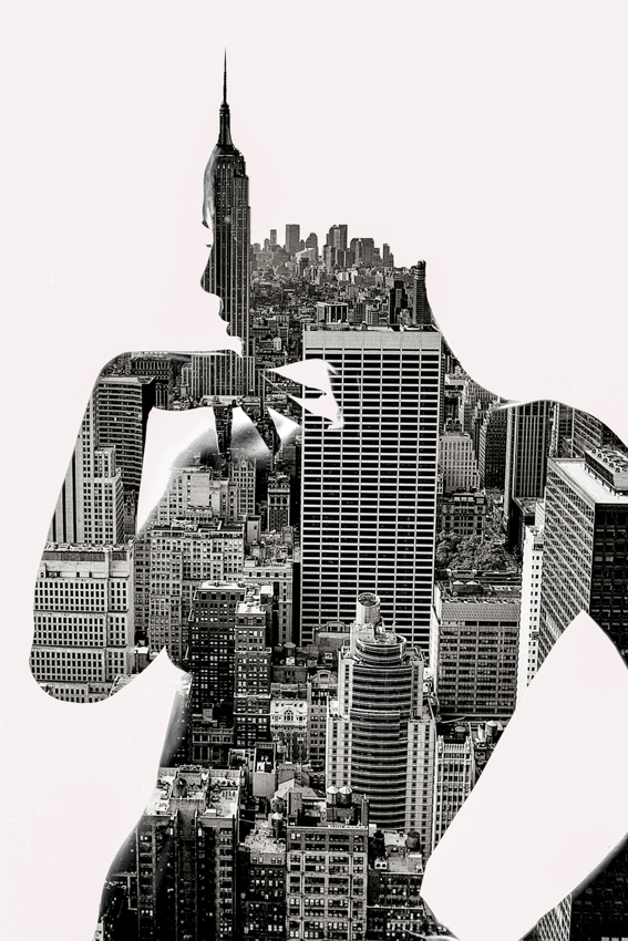 Black-and-white figure whose silhouette is filled with a city skyline collage.