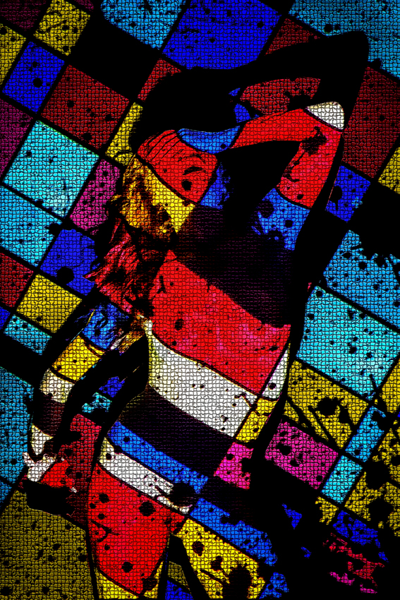Nude figure partly obscured by a collage of red, blue and black geometric shapes.