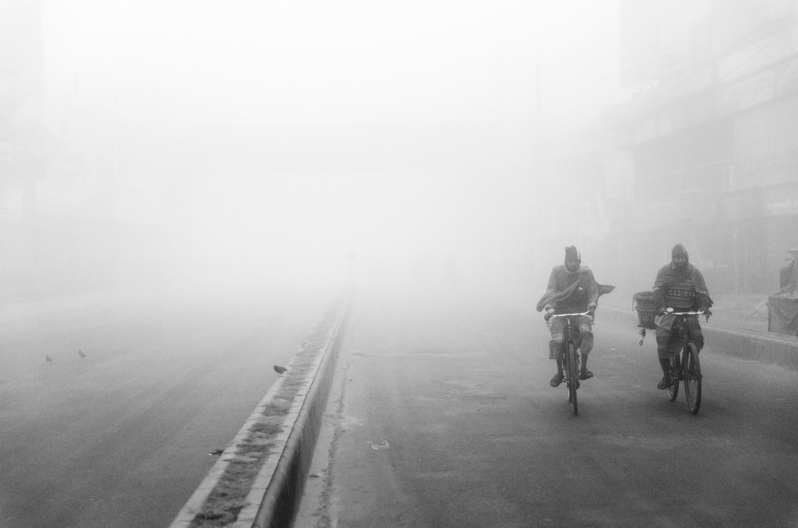 Two cyclists ride along a road disappearing into heavy fog.
