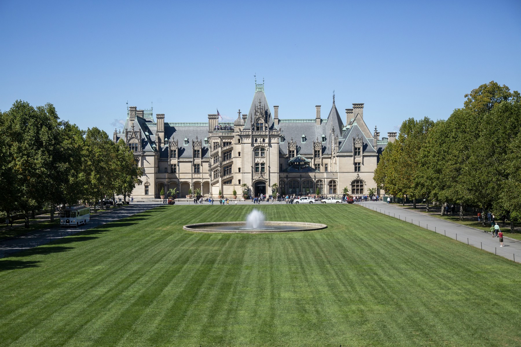 Biltmore Estate facade and fountain across the front lawn in Asheville, North Carolina.