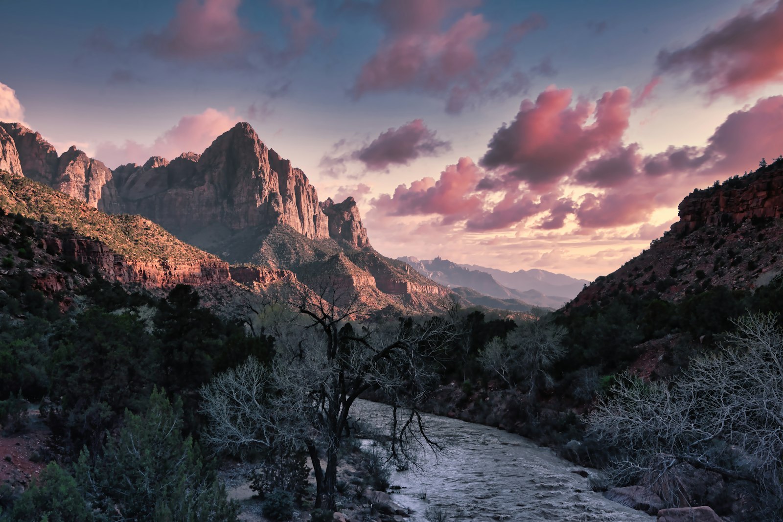 The Watchman over the Virgin River at sunset, Zion National Park