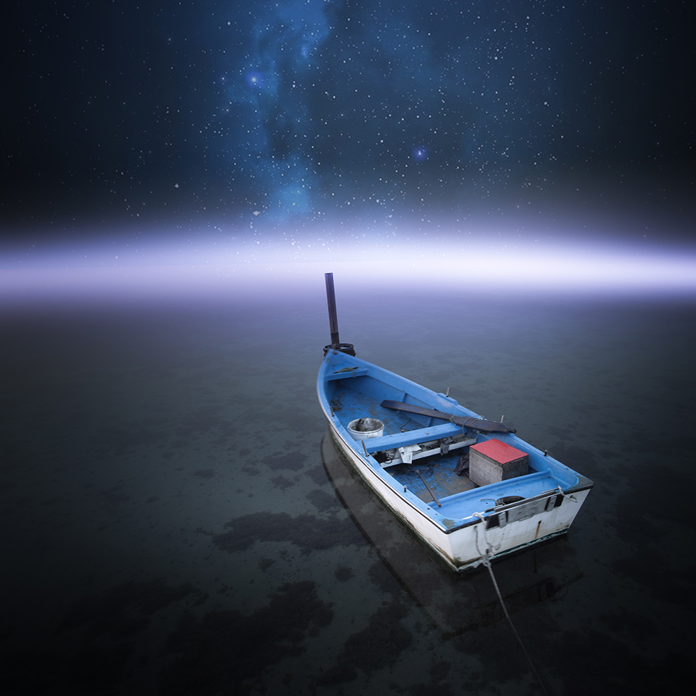 A small blue boat floats in dark water beneath a star-filled sky.