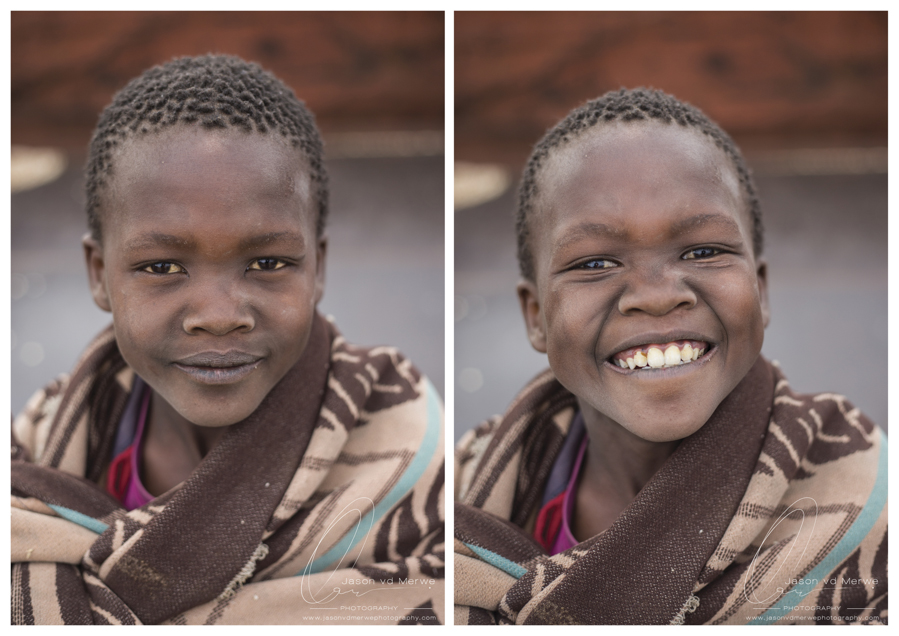 Two portraits of a child in a patterned blanket, looking at the camera and then smiling.
