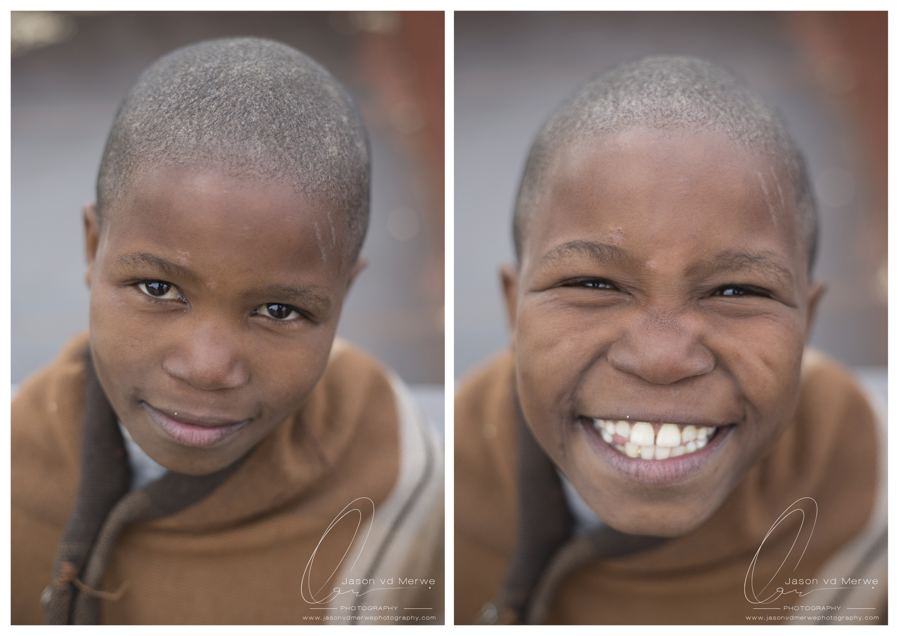 Two portraits of a child in a brown sweater, looking at the camera and then smiling.