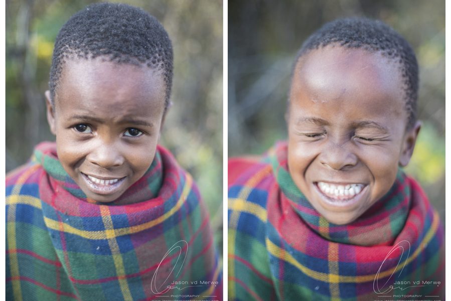 Two portraits of a child in a colorful scarf, smiling and then laughing.