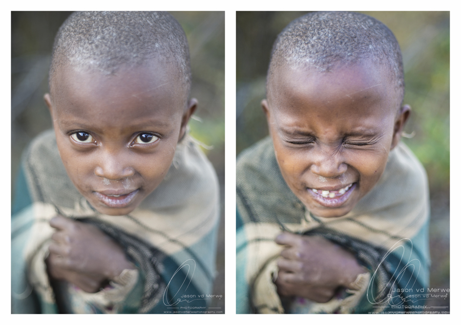 Two portraits of a child wrapped in a blanket, looking at the camera and then smiling.