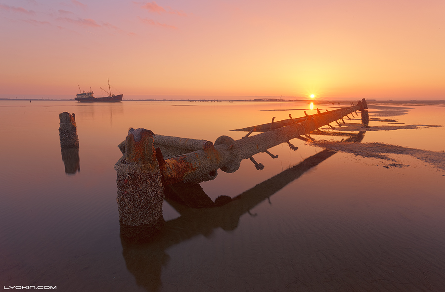 Weathered pier posts leading toward sunrise over still water, with a ship in the distance.