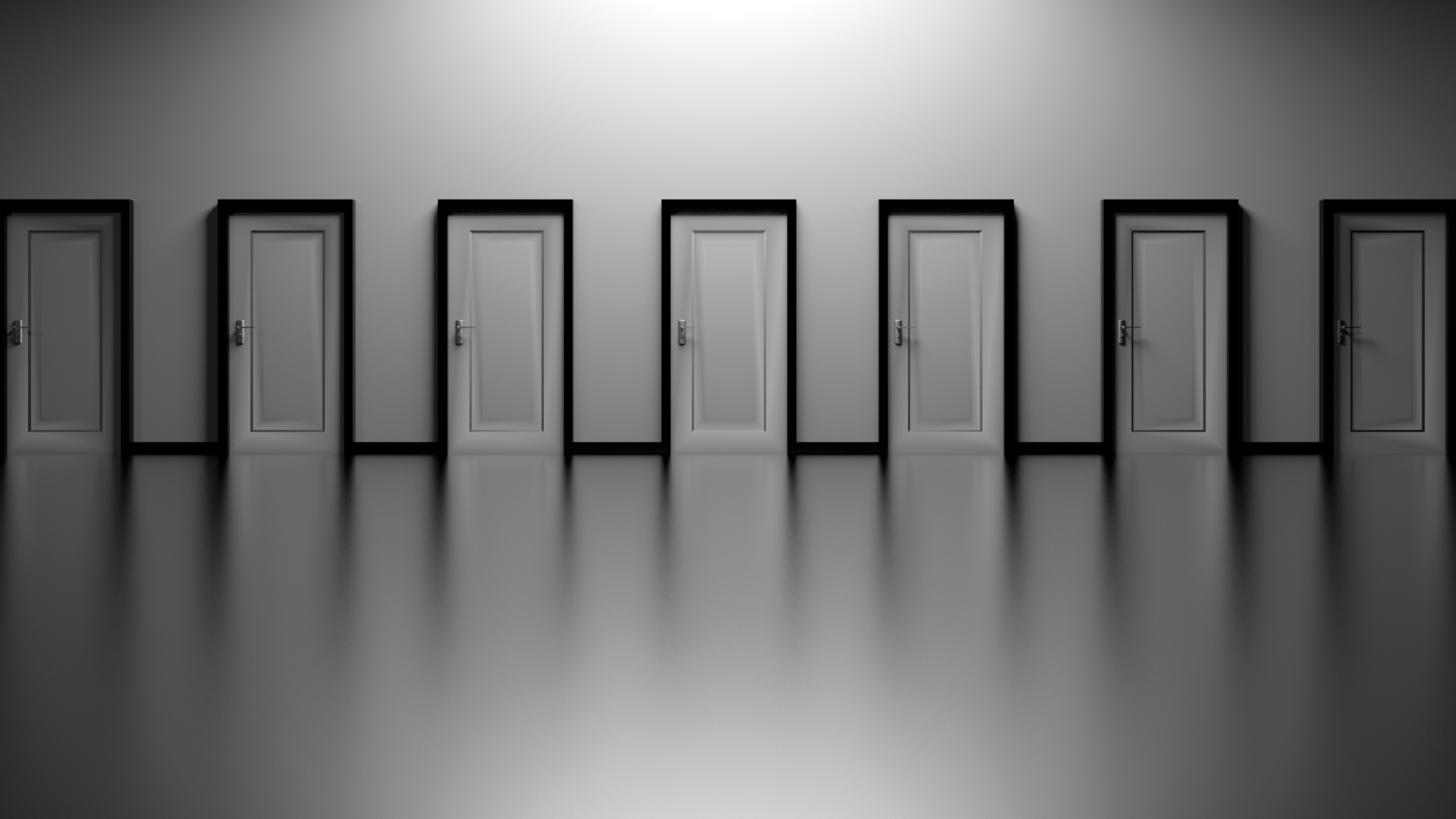 Black-and-white minimalist image of a row of closed doors reflected in a polished floor.