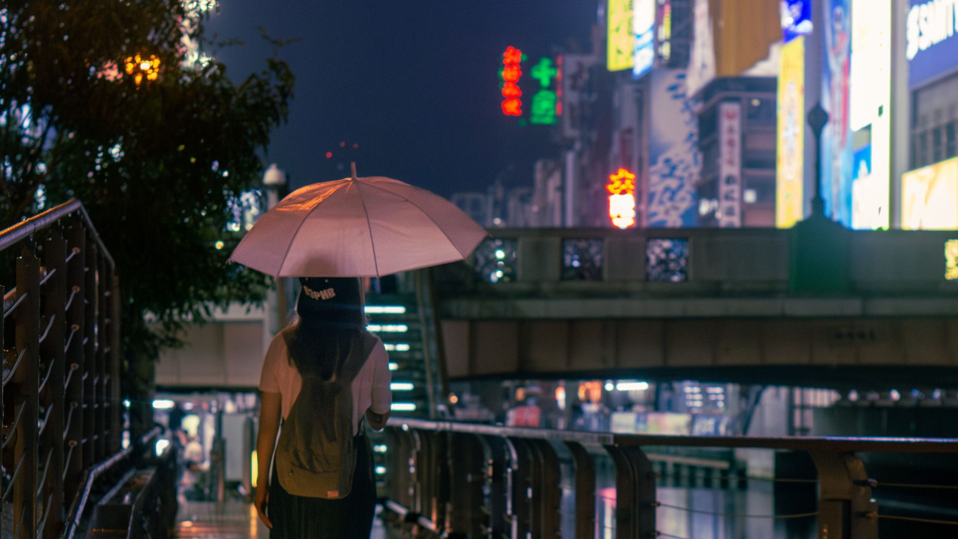 Person holding an umbrella on a rain-wet Osaka street lit by signs at night