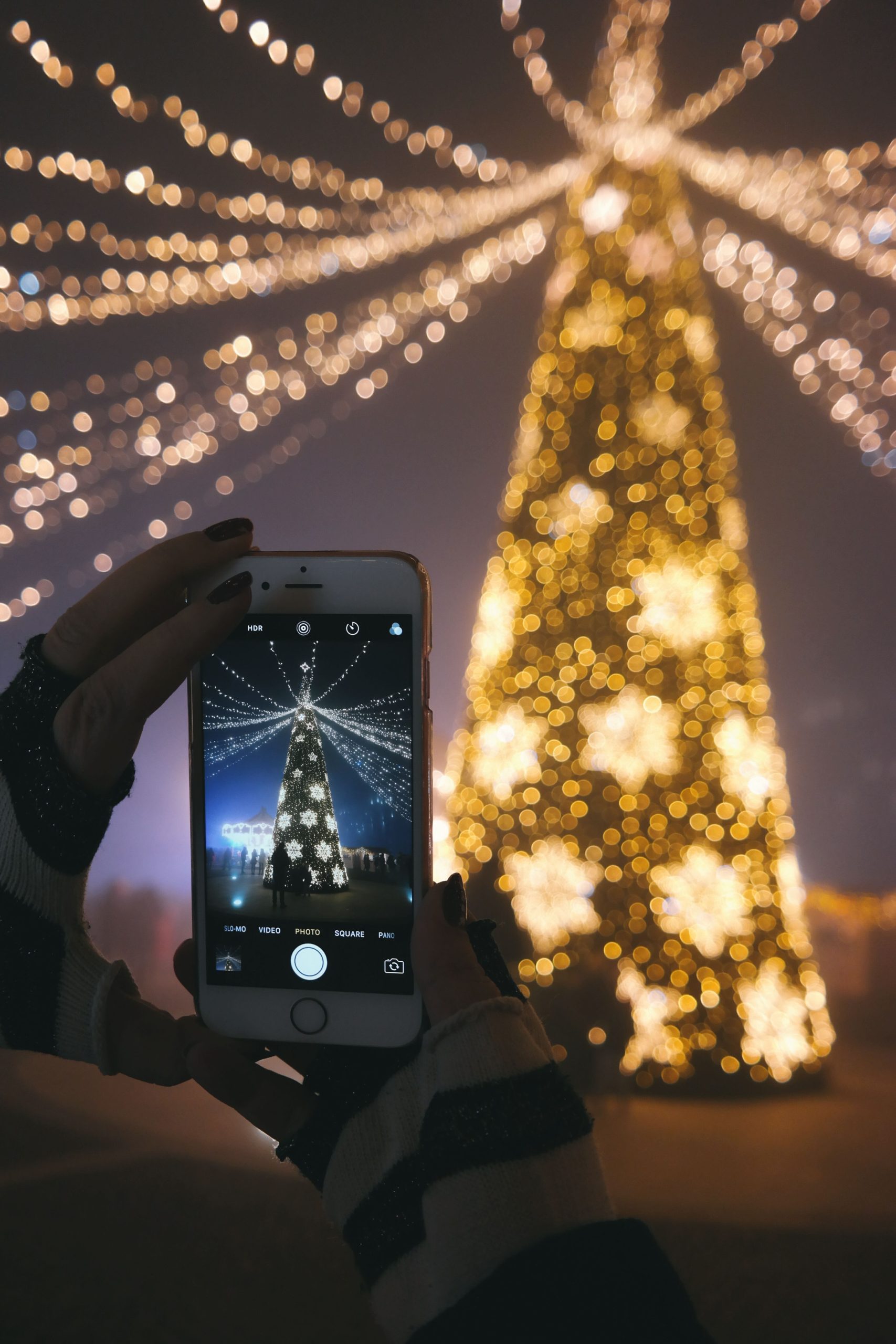 Person photographs an illuminated outdoor Christmas tree with a smartphone