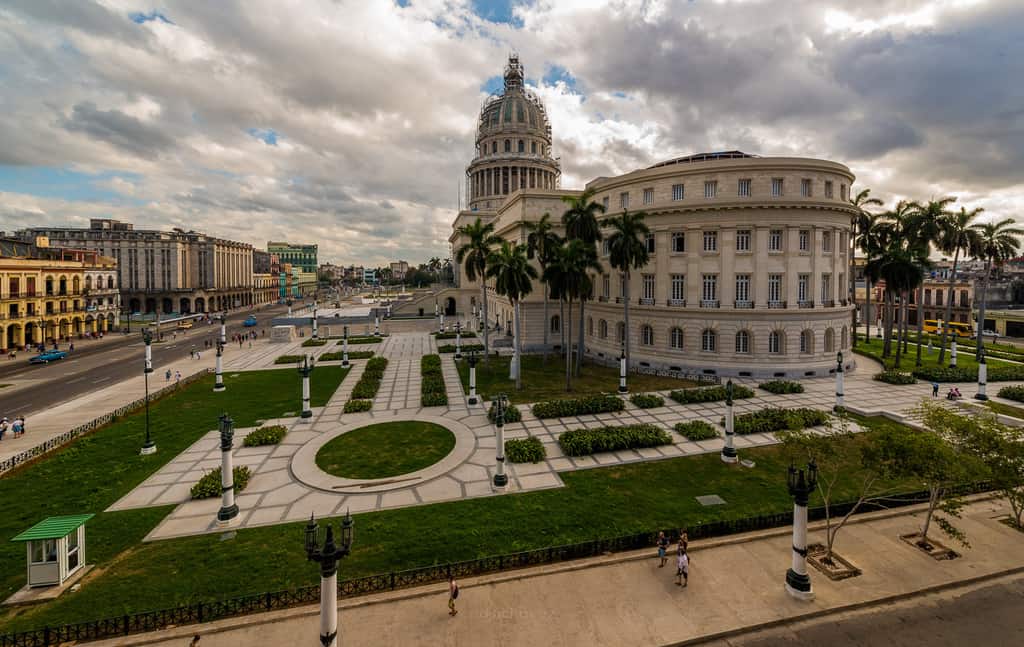 El Capitolio and its gardens photographed from above in Havana, Cuba