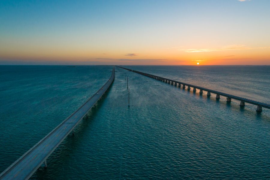 Aerial view of Seven Mile Bridge stretching over the Florida Keys at sunset