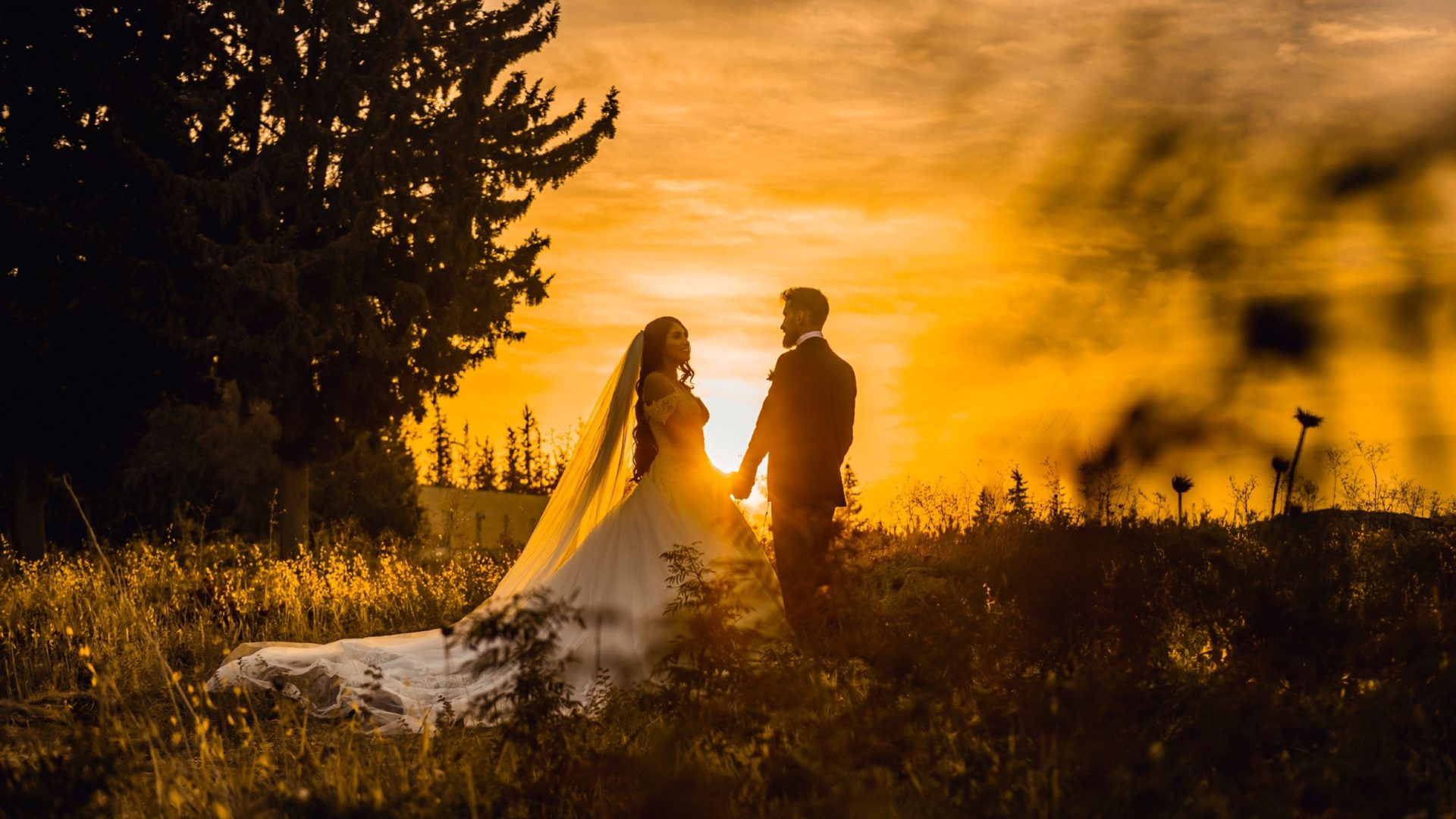 Bride and groom holding hands in a field against an orange sunset