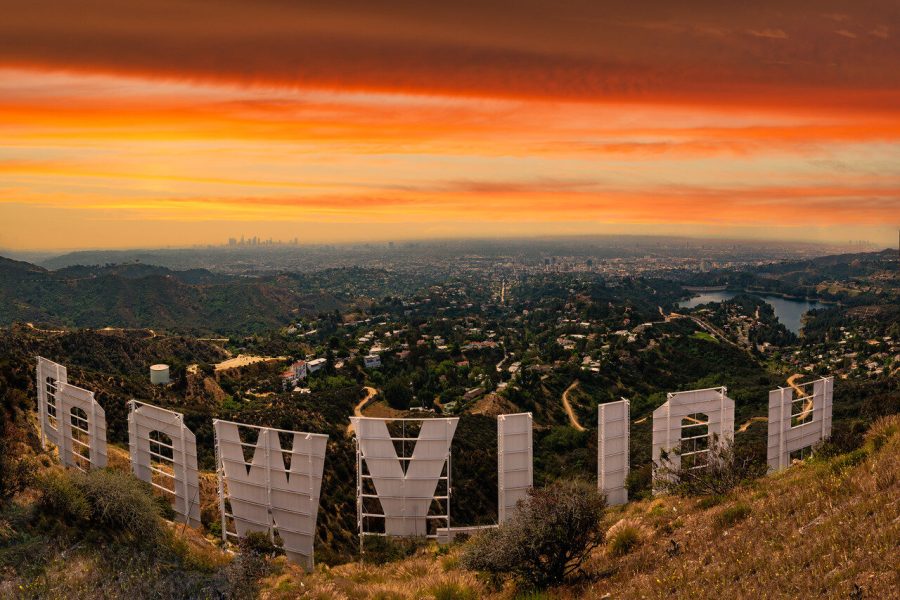 Golden sunset over the Hollywood sign and Los Angeles hills