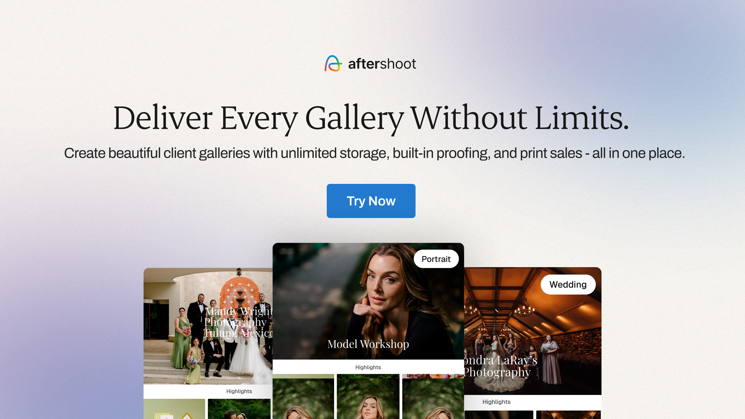 Official Aftershoot Galleries promotional artwork showing client gallery examples