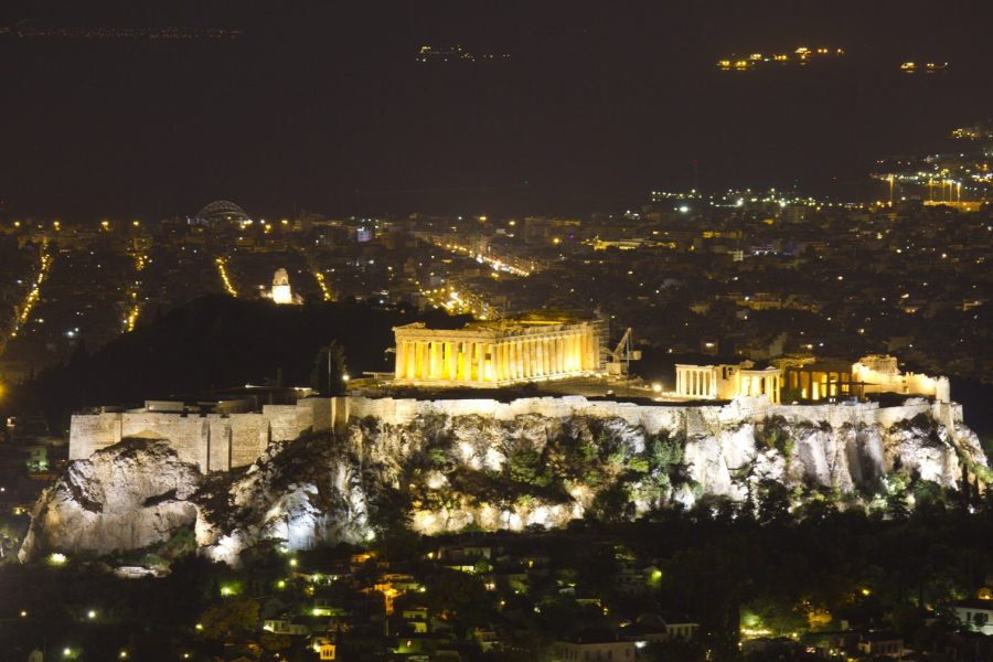 The floodlit Parthenon and Acropolis rock seen from Mount Lycabettus at night