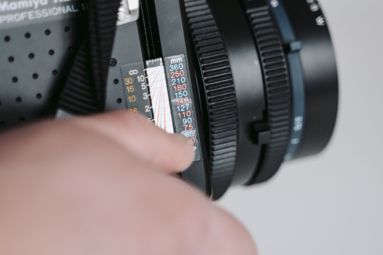 Close-up of a hand turning the focus ring and distance scale on a medium-format camera lens