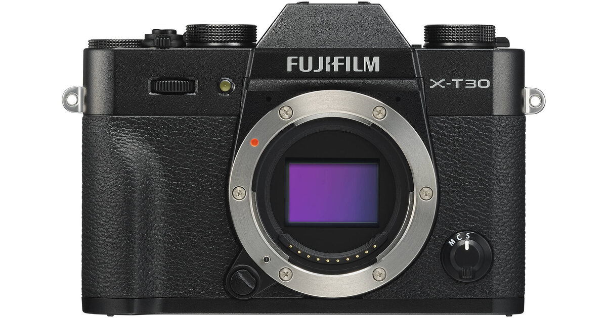 Fujifilm X-T30 mirrorless camera body in black, front view with X mount
