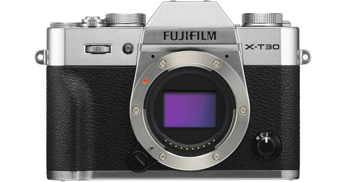 Fujifilm X-T30 mirrorless camera body in silver, front view with X mount