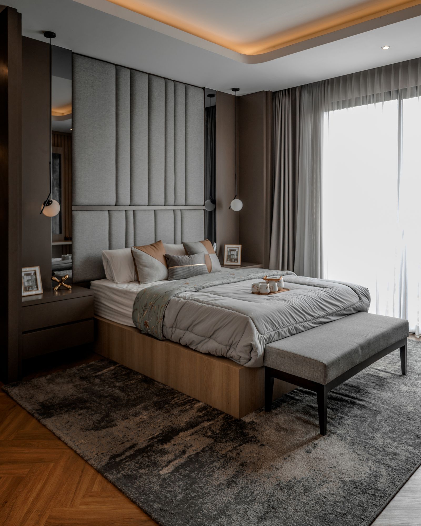 Luxury bedroom interior with warm accent lighting for real estate presets