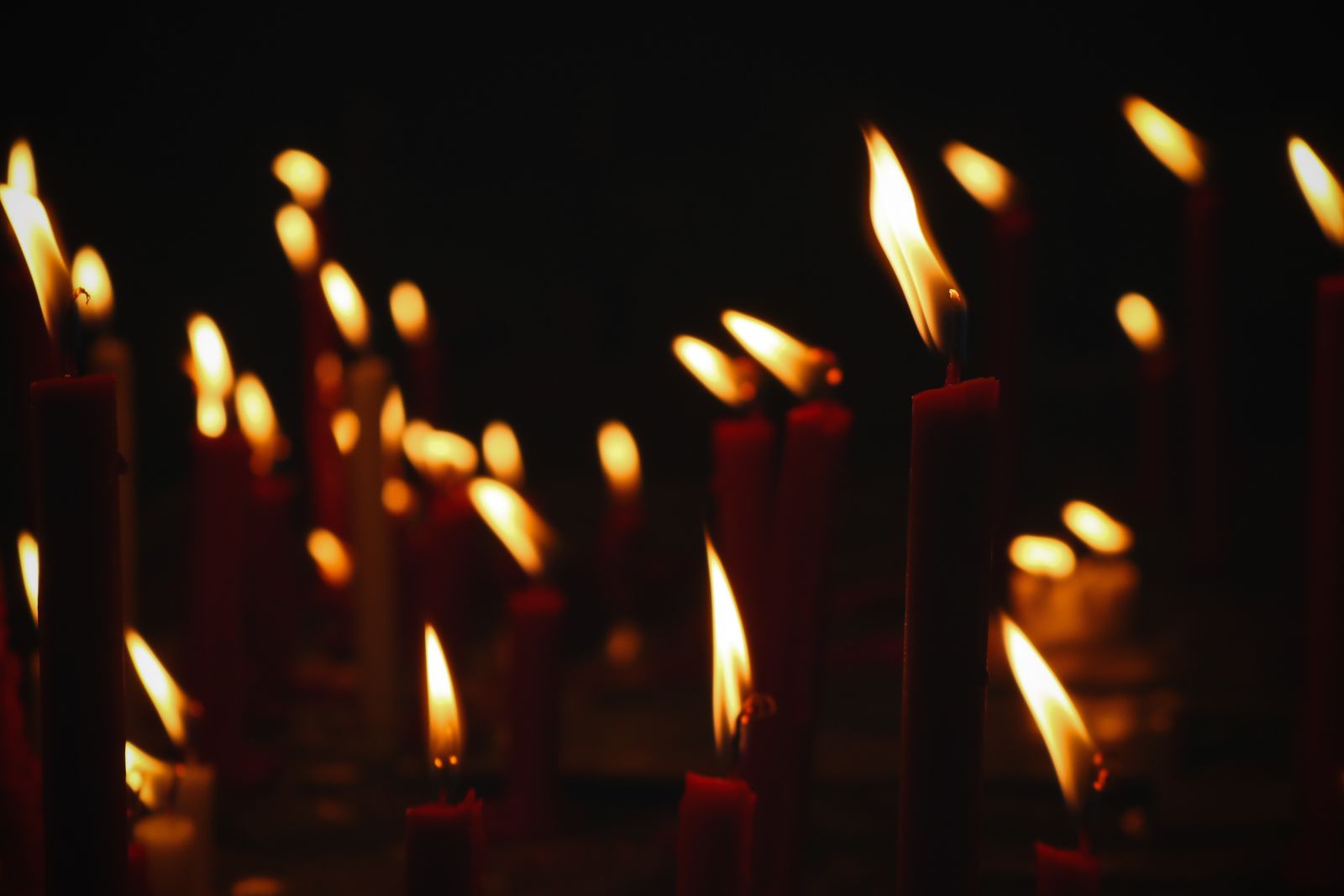 A cluster of upright candles burning together in the dark