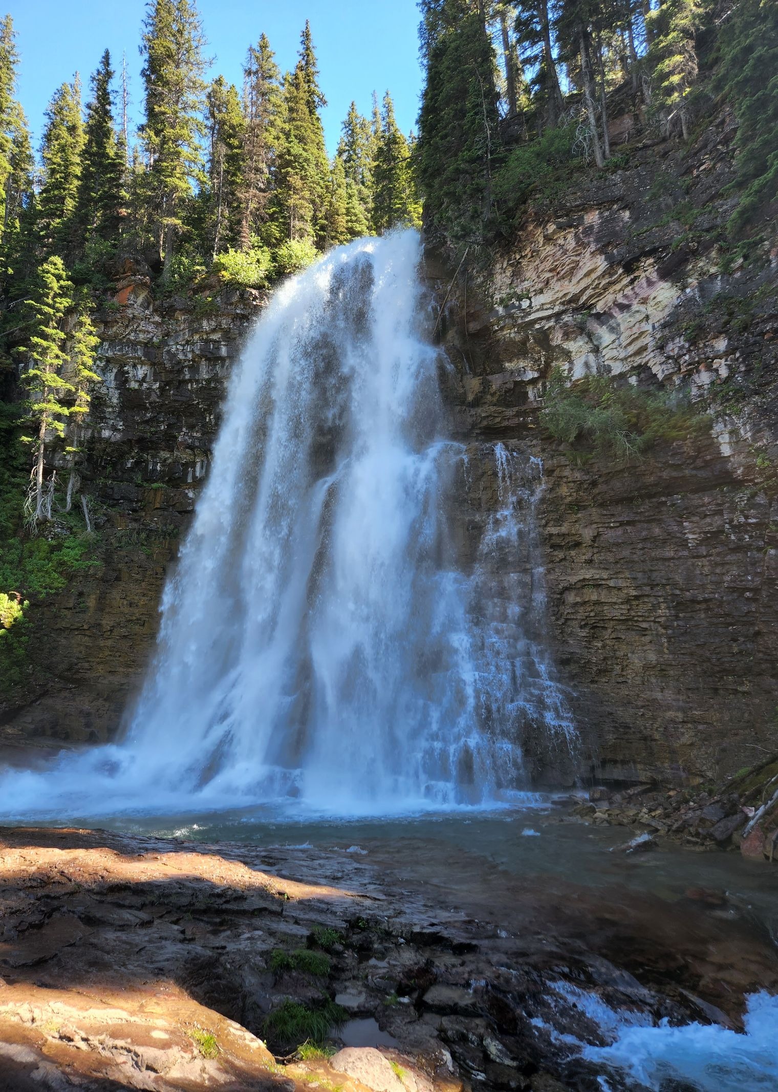 A waterfall pouring over layered rock in Glacier National Park